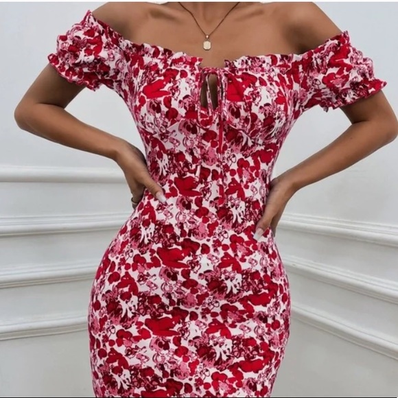 Boho Blue Floral Print Off Shoulder Bodycon Dress - Picture 7 of 11